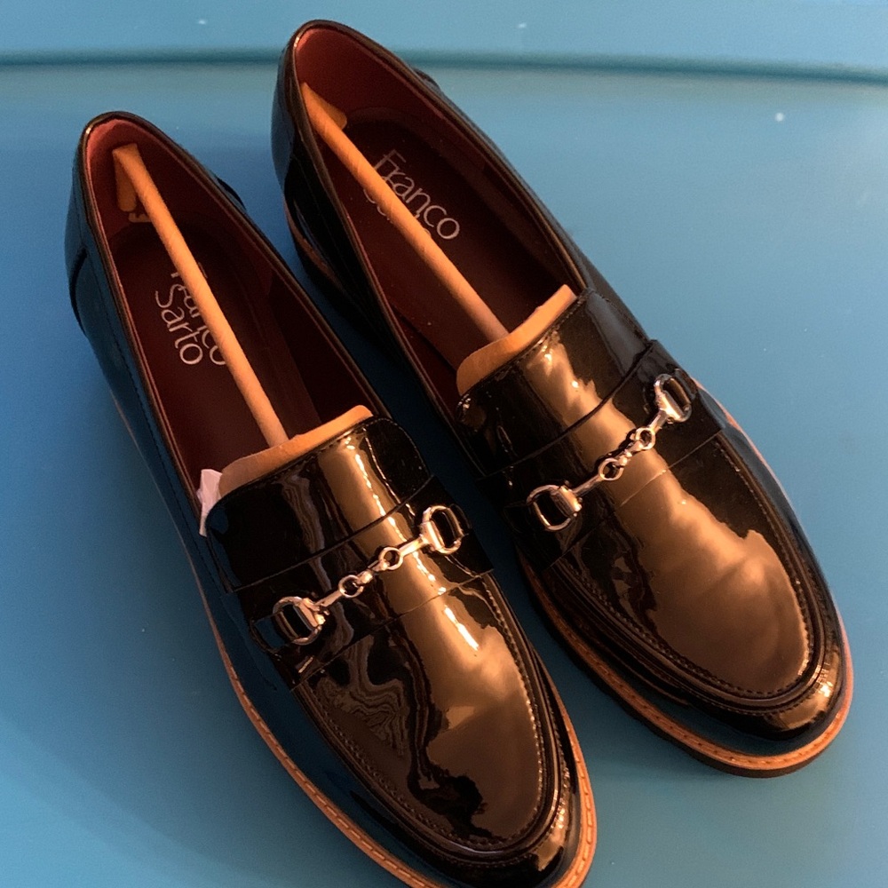 Franco Sarto Black Patent Loafers with Silver Chain (one day sale!)